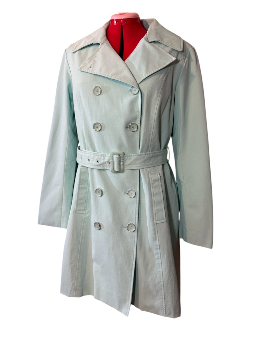 New York & Company Light Mint Green Double-Breasted Trench Coat Size XL